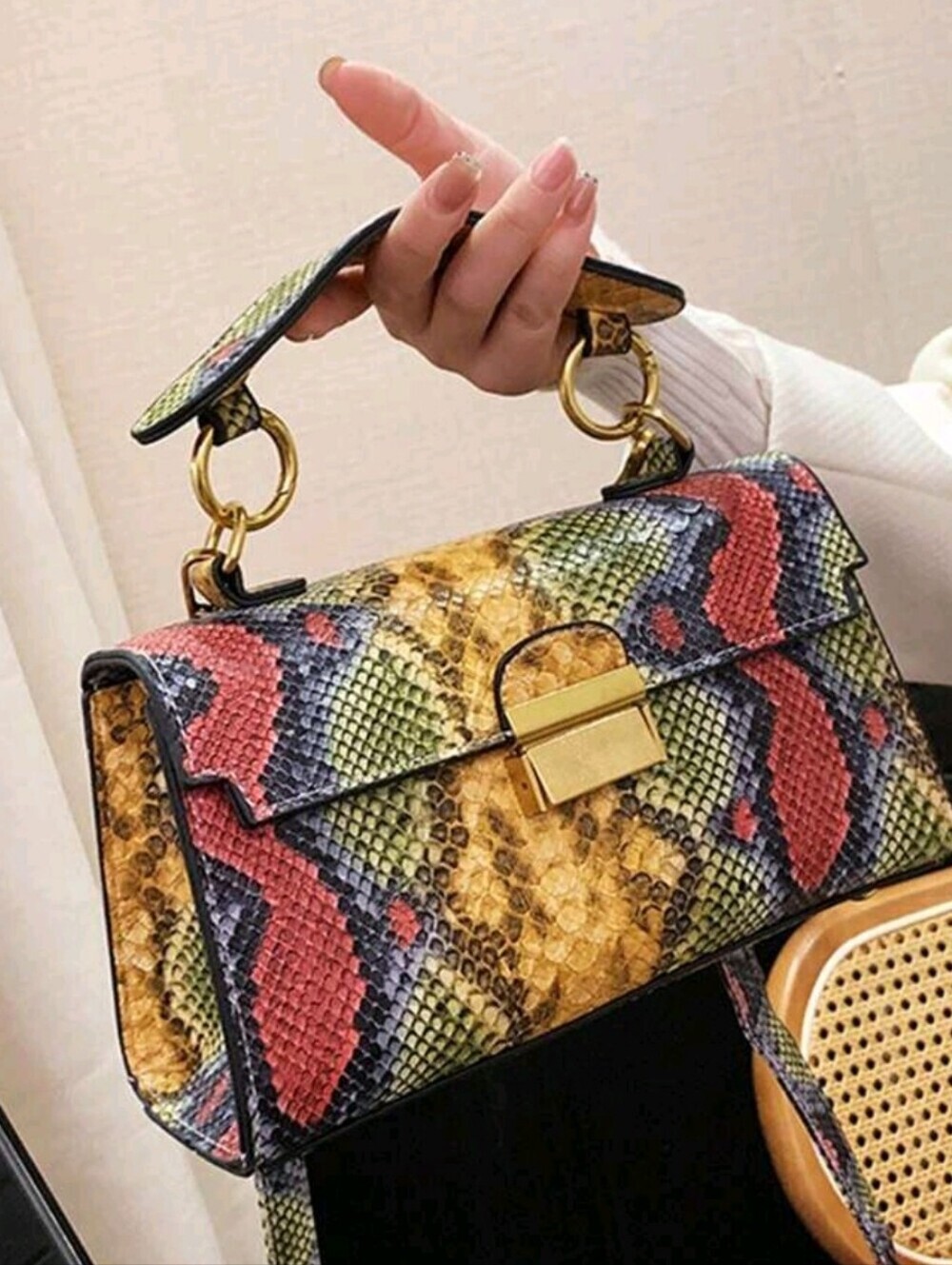 Snake-Print Top Handle Satchel in Multicolor